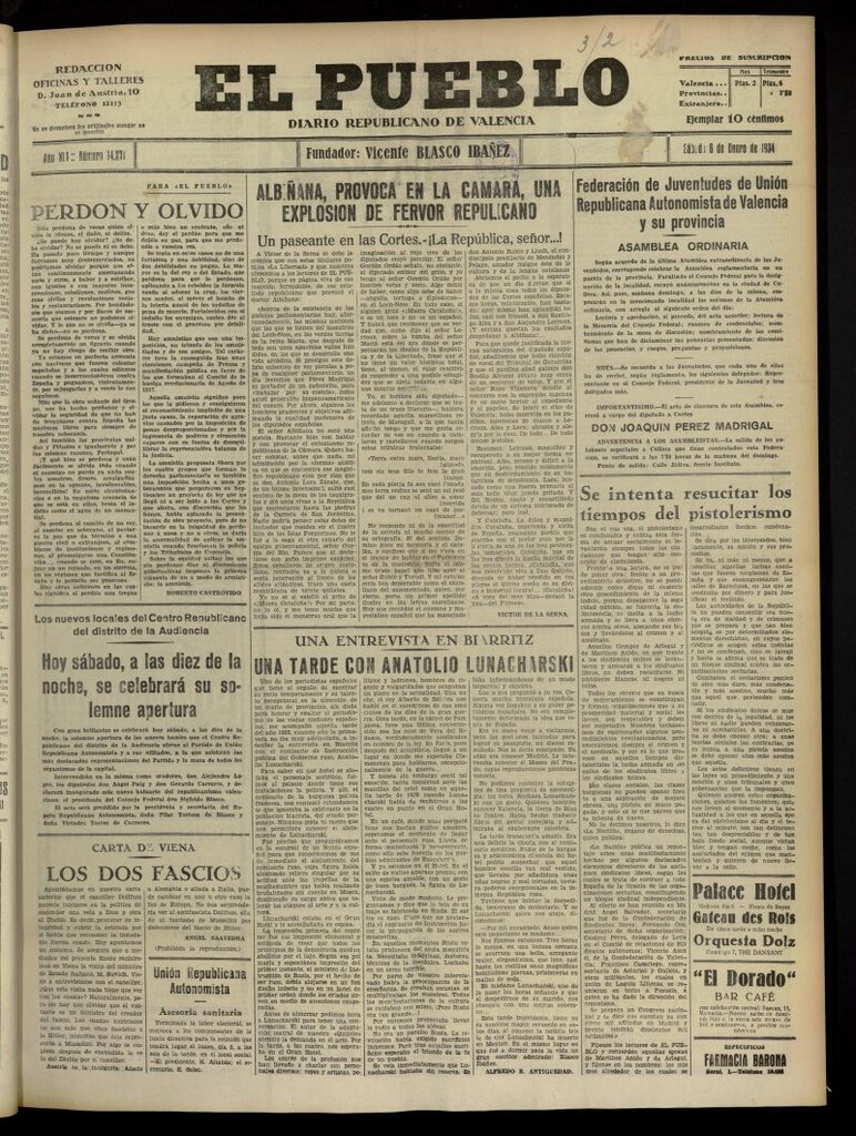 Miniatura de El Pueblo : Diario republicano de Valencia del 6 de enero de 1934, nº 14.271