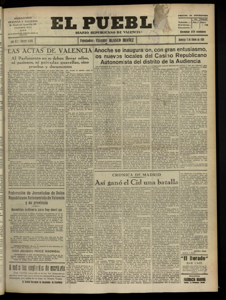Miniatura de El Pueblo : Diario republicano de Valencia del 7 de enero de 1934, nº 14.272