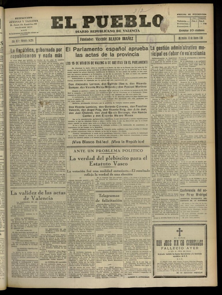 Miniatura de El Pueblo : Diario republicano de Valencia del 10 de enero de 1934, nº 14.274