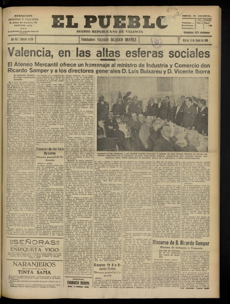 Miniatura de El Pueblo : Diario republicano de Valencia del 16 de enero de 1934, nº 14.279