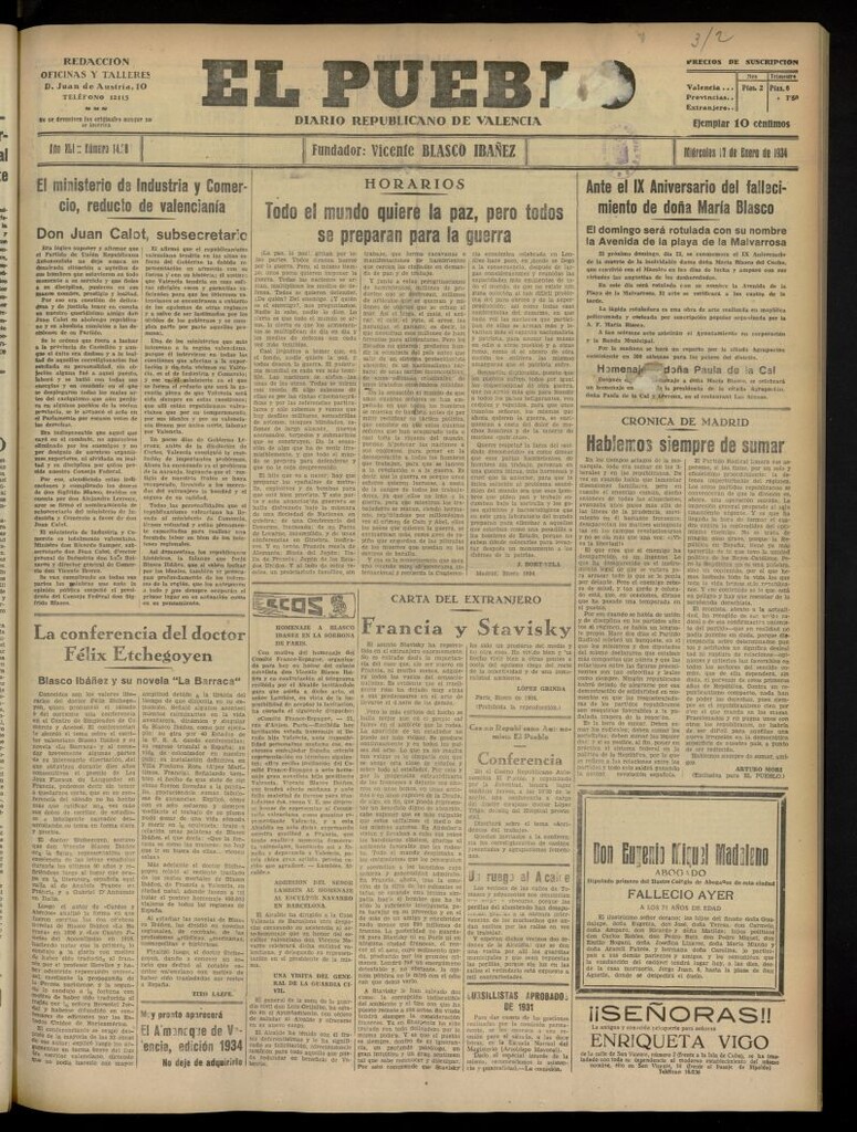 Miniatura de El Pueblo : Diario republicano de Valencia del 17 de enero de 1934, nº 14.280