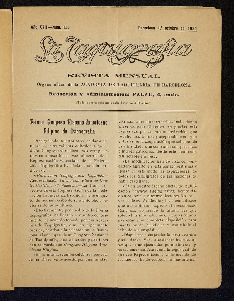 Miniatura de La Taquigrafía. octubre de 1920, nº 130