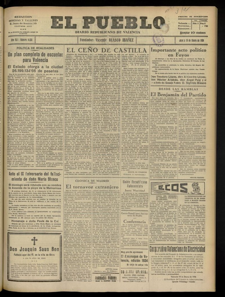 Miniatura de El Pueblo : Diario republicano de Valencia del 18 de enero de 1934, nº 14.281