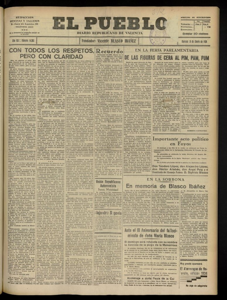 Miniatura de El Pueblo : Diario republicano de Valencia del 19 de enero de 1934, nº 14.282