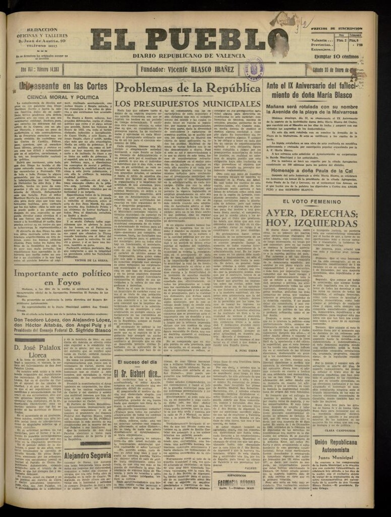 Miniatura de El Pueblo : Diario republicano de Valencia del 20 de enero de 1934, nº 14.283