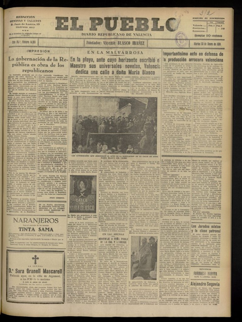 Miniatura de El Pueblo : Diario republicano de Valencia del 23 de enero de 1934, nº 14.285
