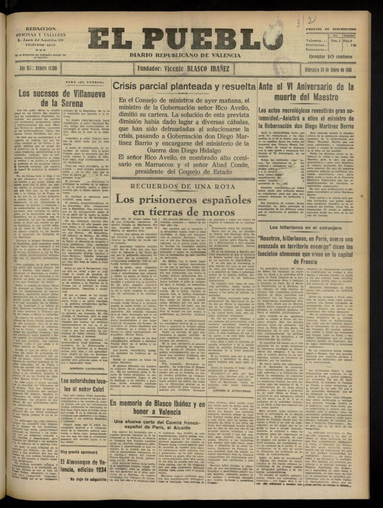 Miniatura de El Pueblo : Diario republicano de Valencia del 24 de enero de 1934, nº 14.286