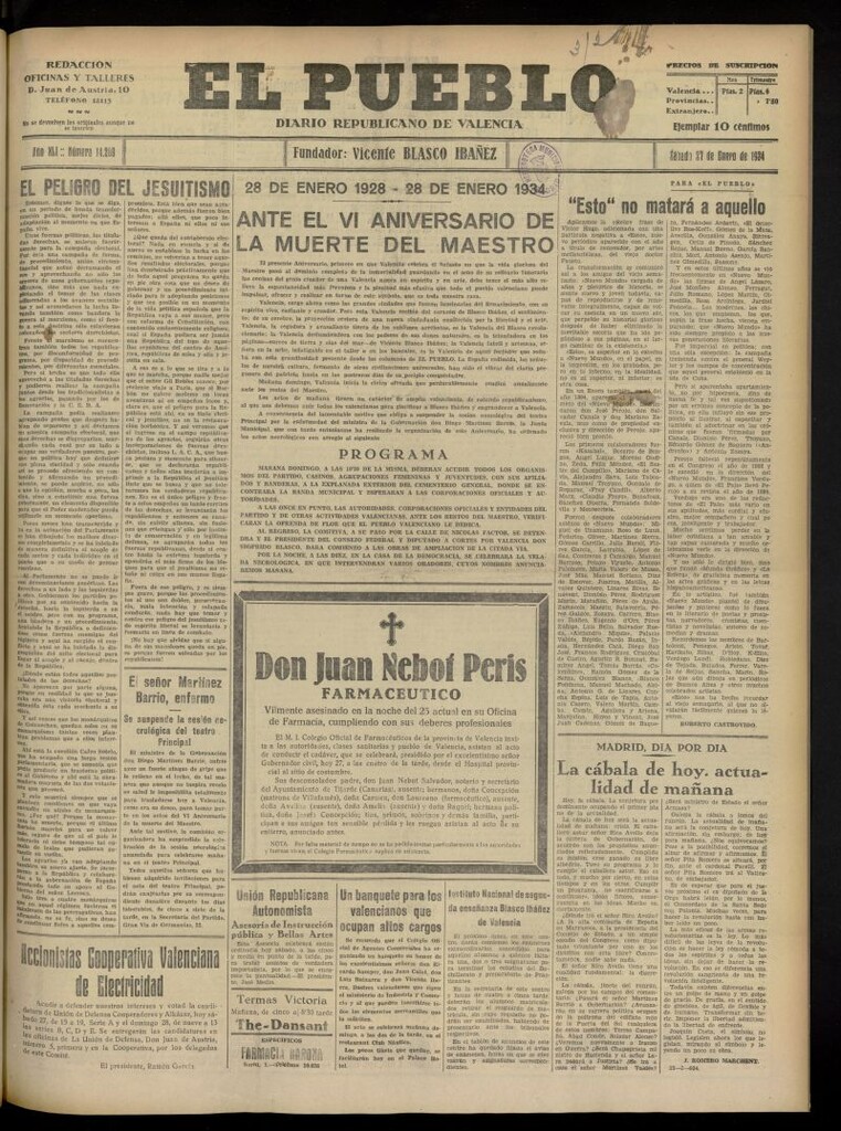 Miniatura de El Pueblo : Diario republicano de Valencia del 27 de enero de 1934, nº 14.289