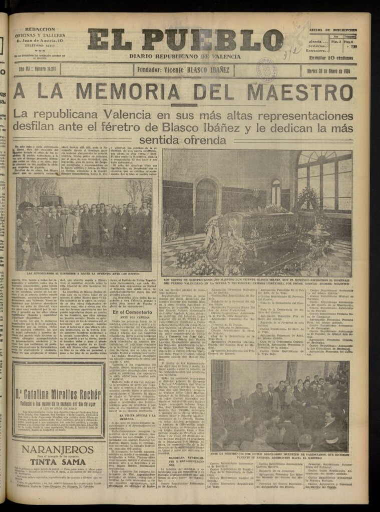 Miniatura de El Pueblo : Diario republicano de Valencia del 30 de enero de 1934, nº 14.291