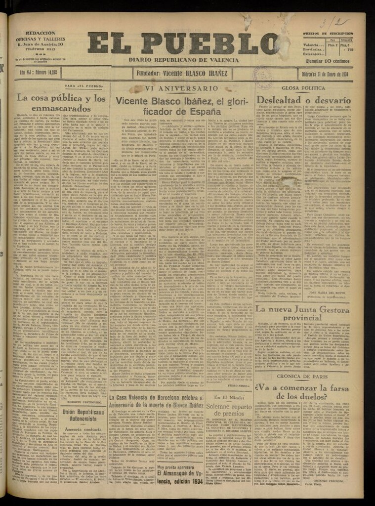 Miniatura de El Pueblo : Diario republicano de Valencia del 31 de enero de 1934, nº 14.292