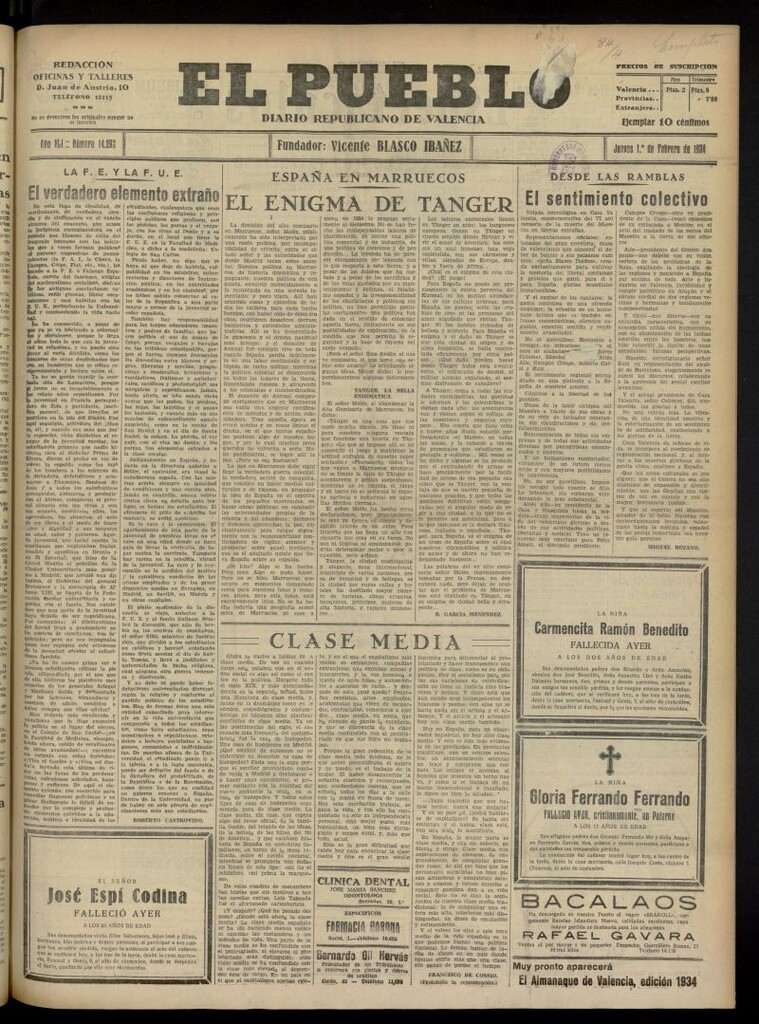 Miniatura de El Pueblo : Diario republicano de Valencia del 1 de febrero de 1934, nº 14.293