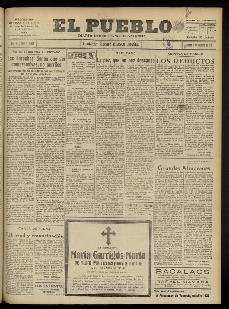 Miniatura de El Pueblo : Diario republicano de Valencia del 2 de febrero de 1934, nº 14.294