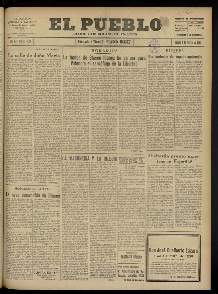 Miniatura de El Pueblo : Diario republicano de Valencia del 3 de febrero de 1934, nº 14.295