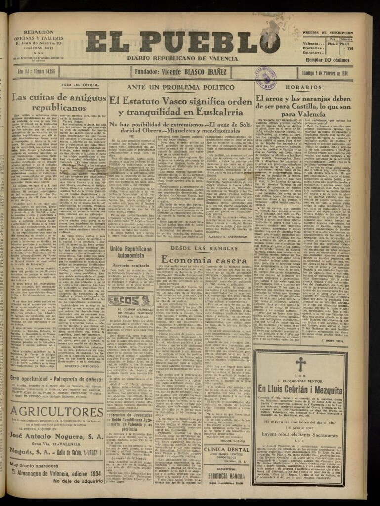Miniatura de El Pueblo : Diario republicano de Valencia del 4 de febrero de 1934, nº 14.296