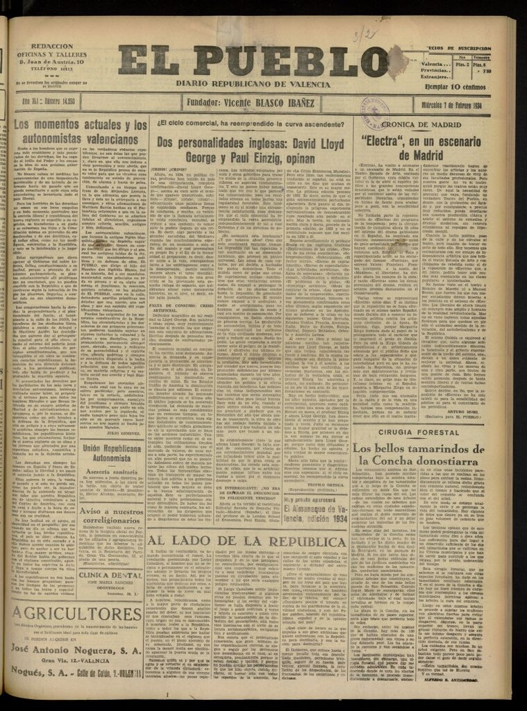 Miniatura de El Pueblo : Diario republicano de Valencia del 7 de febrero de 1934, nº 14.298