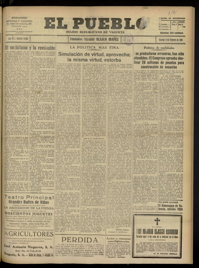 Miniatura de El Pueblo : Diario republicano de Valencia del 9 de febrero de 1934, nº 14.300
