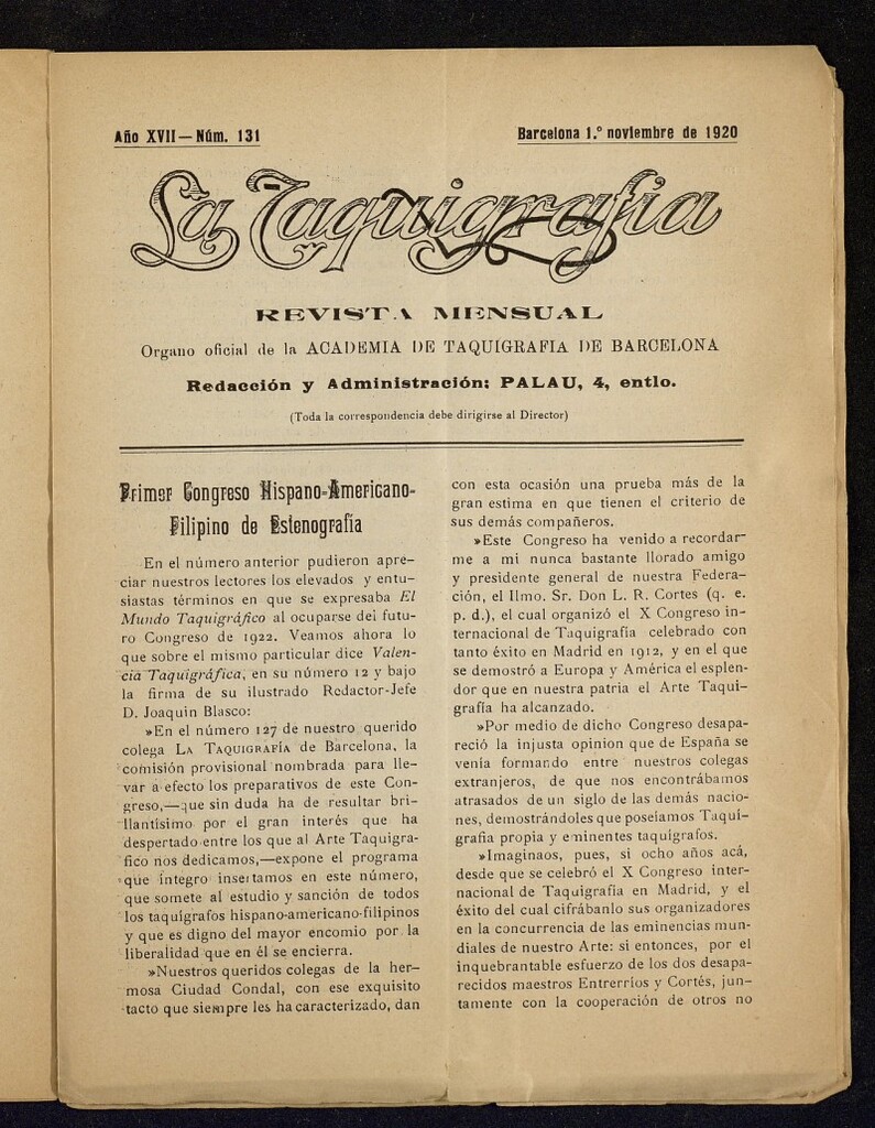 Miniatura de La Taquigrafía. Noviembre de 1920, nº 131