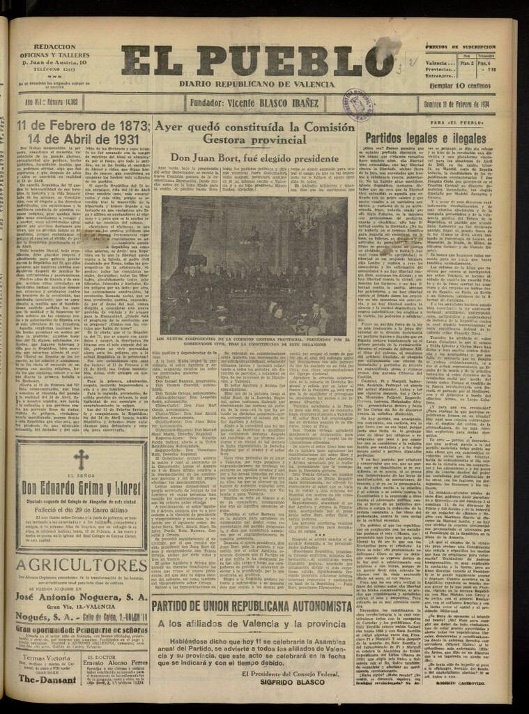 Miniatura de El Pueblo : Diario republicano de Valencia del 11 de febrero de 1934, nº 14.302