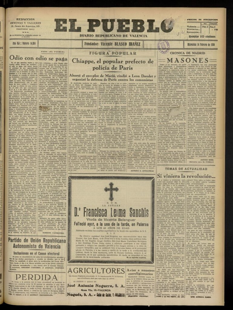 Miniatura de El Pueblo : Diario republicano de Valencia del 14 de febrero de 1934, nº 14.304