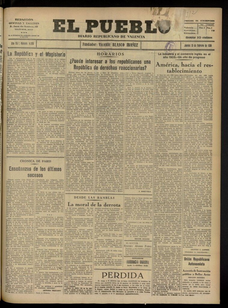 Miniatura de El Pueblo : Diario republicano de Valencia del 15 de febrero de 1934, nº 14.305