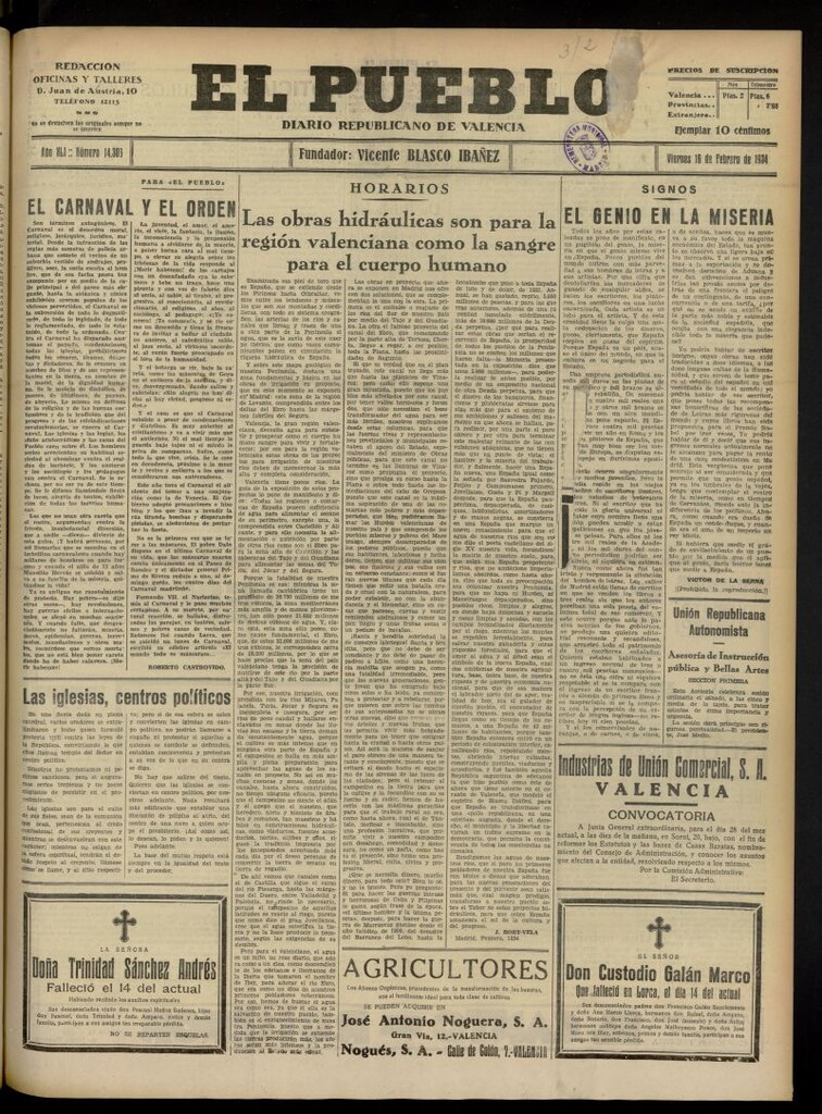 Miniatura de El Pueblo : Diario republicano de Valencia del 16 de febrero de 1934, nº 14.306