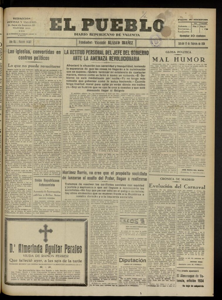 Miniatura de El Pueblo : Diario republicano de Valencia del 17 de febrero de 1934, nº 14.307