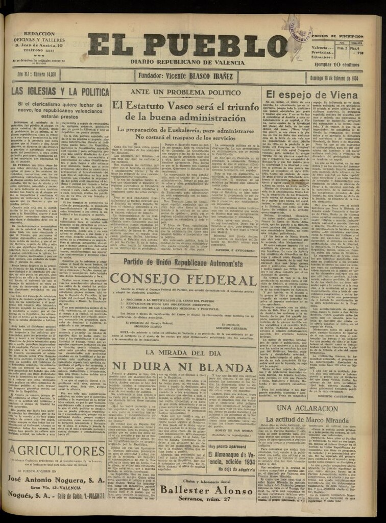 Miniatura de El Pueblo : Diario republicano de Valencia del 18 de febrero de 1934, nº 14.308