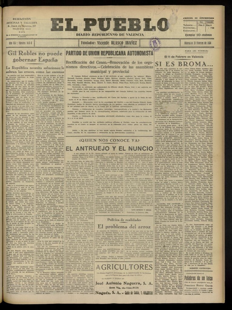 Miniatura de El Pueblo : Diario republicano de Valencia del 21 de febrero de 1934, nº 14.310