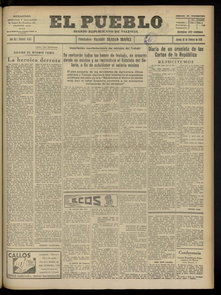 Miniatura de El Pueblo : Diario republicano de Valencia del 22 de febrero de 1934, nº 14.311