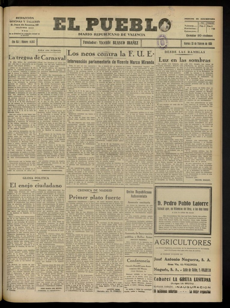Miniatura de El Pueblo : Diario republicano de Valencia del 23 de febrero de 1934, nº 14.312