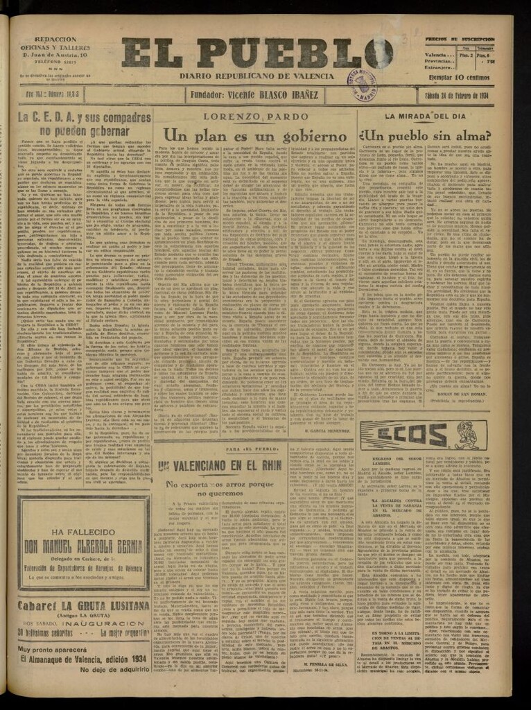 Miniatura de El Pueblo : Diario republicano de Valencia del 24 de febrero de 1934, nº 14.313