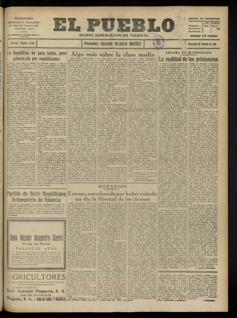 Miniatura de El Pueblo : Diario republicano de Valencia del 28 de febrero de 1934, nº 14.316