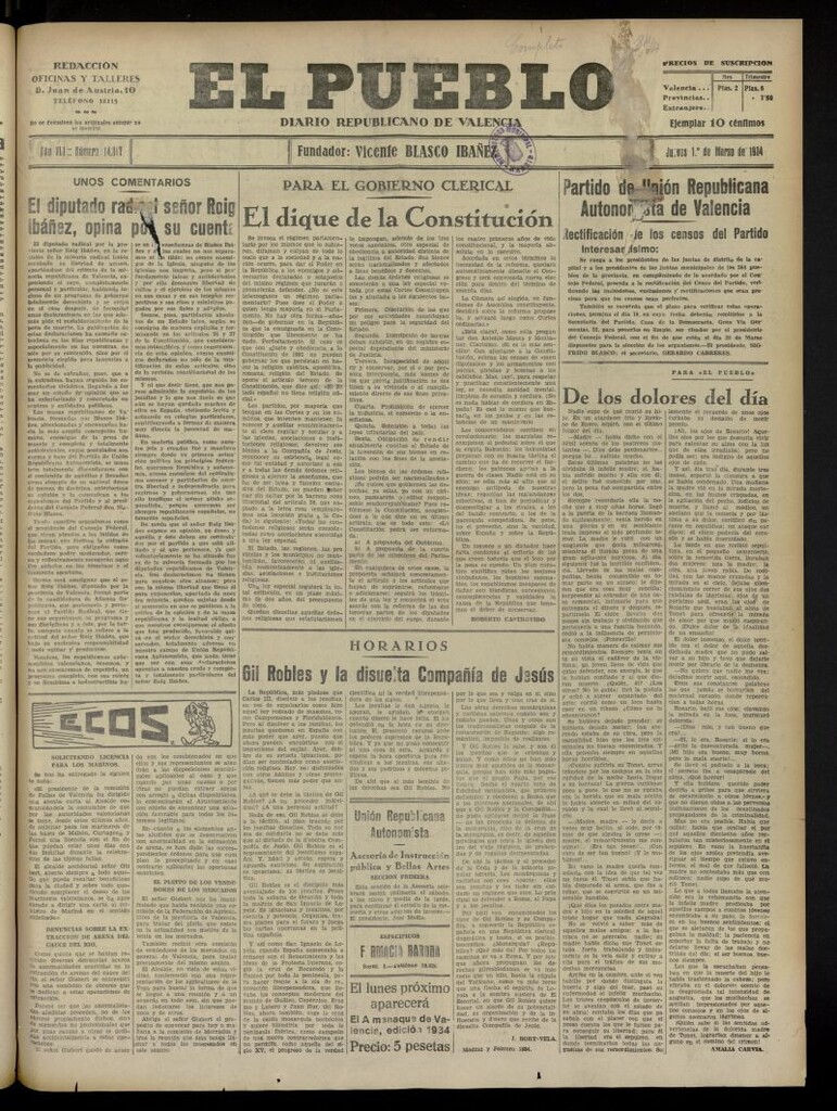 Miniatura de El Pueblo : Diario republicano de Valencia del 1 de marzo de 1934, nº 14.317