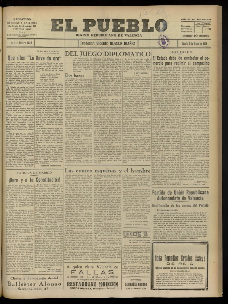Miniatura de El Pueblo : Diario republicano de Valencia del 3 de marzo de 1934, nº 14.319