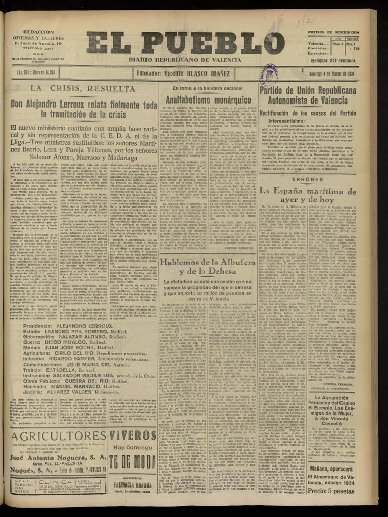 Miniatura de El Pueblo : Diario republicano de Valencia del 4 de marzo de 1934, nº 14.320