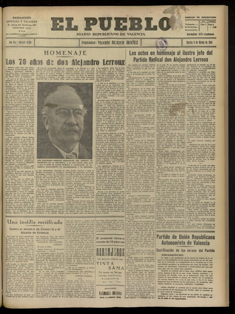 Miniatura de El Pueblo : Diario republicano de Valencia del 6 de marzo de 1934, nº 14.321