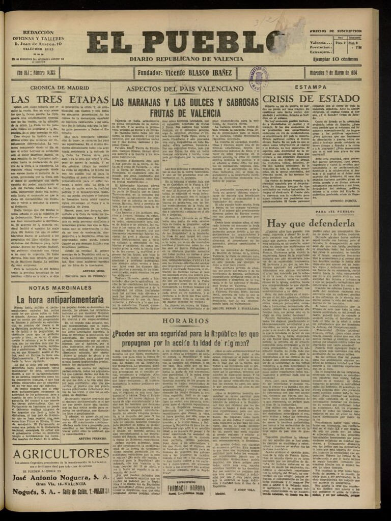 Miniatura de El Pueblo : Diario republicano de Valencia del 7 de marzo de 1934, nº 14.322