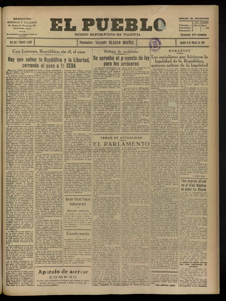 Miniatura de El Pueblo : Diario republicano de Valencia del 8 de marzo de 1934, nº 14.323