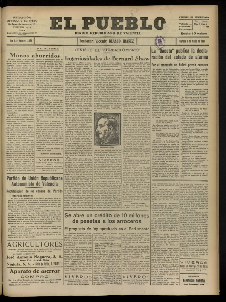 Miniatura de El Pueblo : Diario republicano de Valencia del 9 de marzo de 1934, nº 14.324