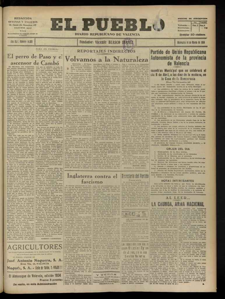 Miniatura de El Pueblo : Diario republicano de Valencia del 14 de marzo de 1934, nº 14.328
