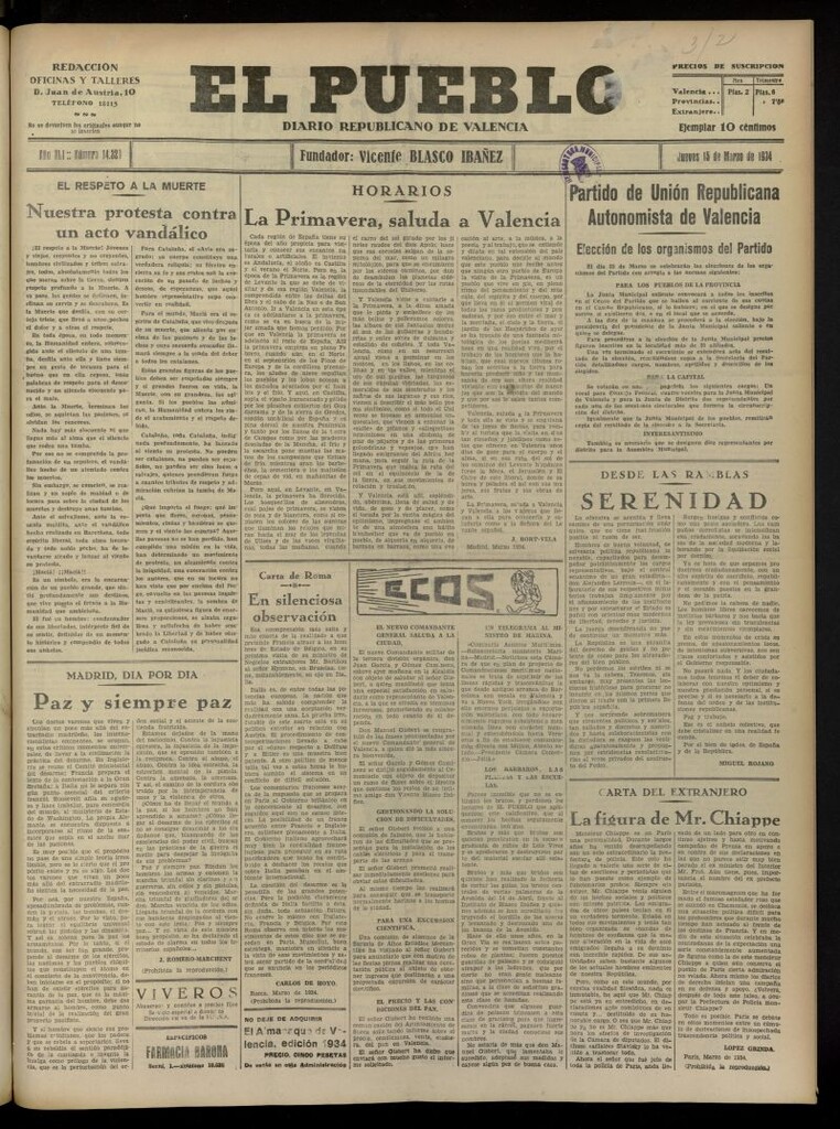 Miniatura de El Pueblo : Diario republicano de Valencia del 15 de marzo de 1934, nº 14.329