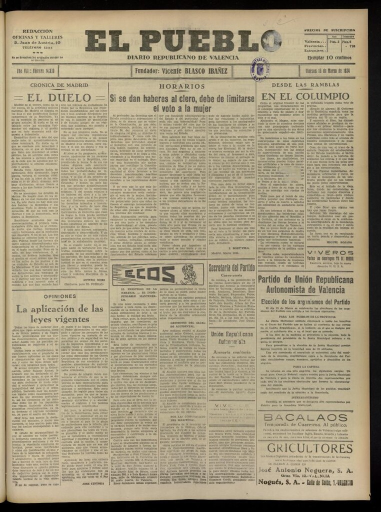 Miniatura de El Pueblo : Diario republicano de Valencia del 16 de marzo de 1934, nº 14.330