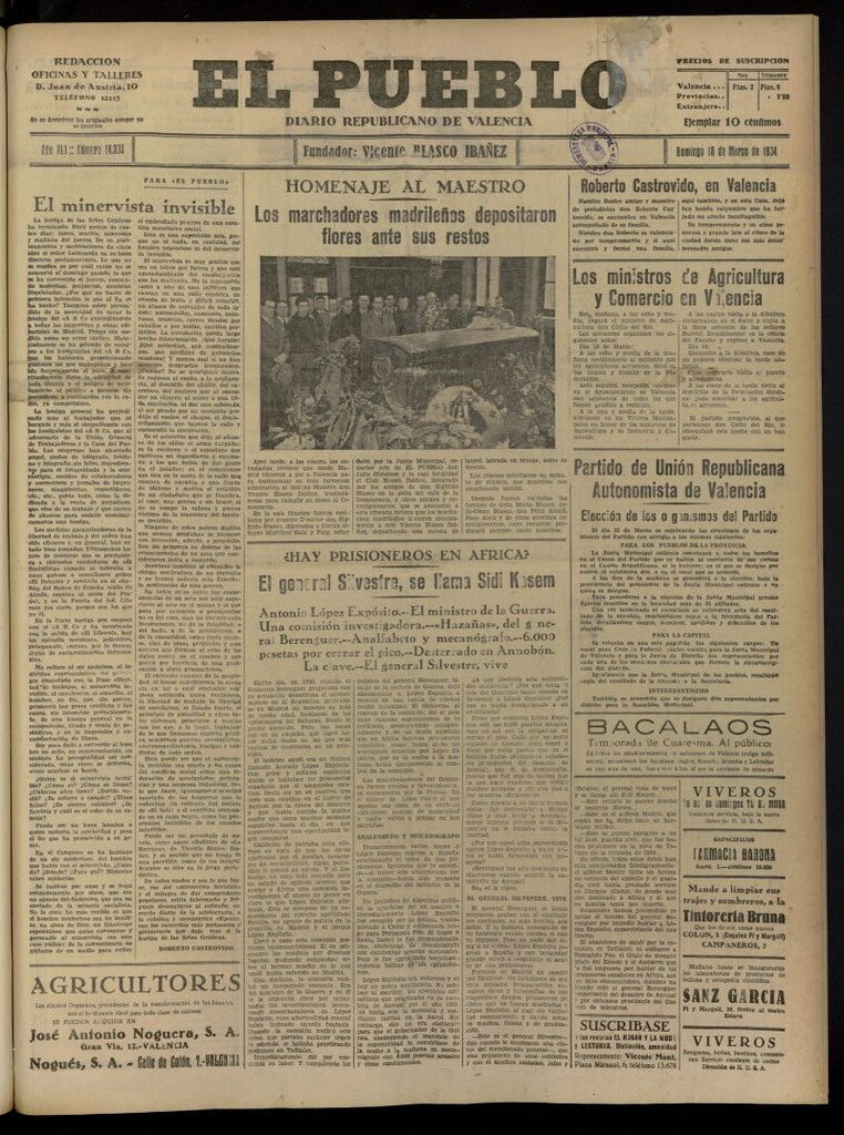 Miniatura de El Pueblo : Diario republicano de Valencia del 18 de marzo de 1934, nº 14.332