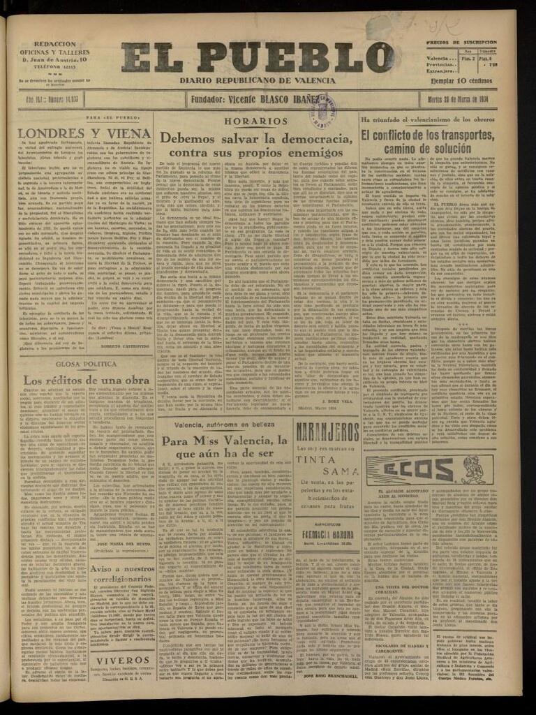 Miniatura de El Pueblo : Diario republicano de Valencia del 20 de marzo de 1934, nº 14.333