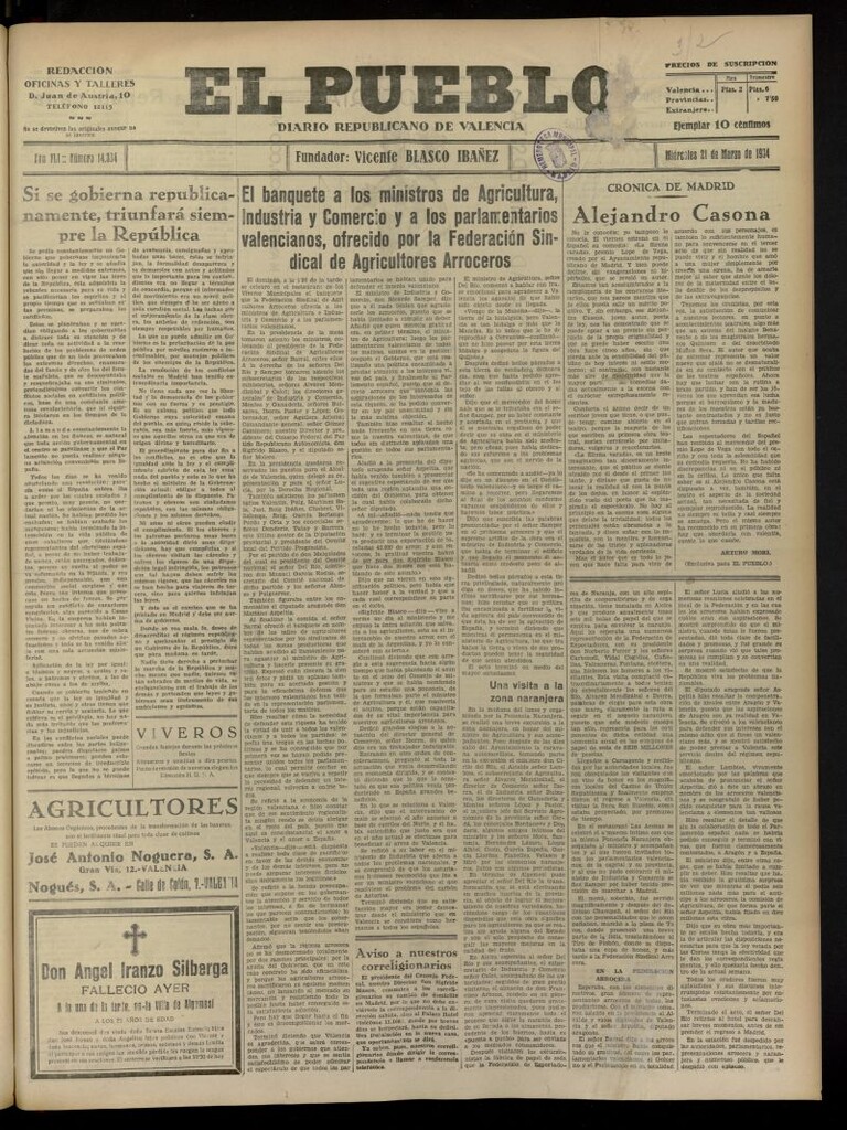 Miniatura de El Pueblo : Diario republicano de Valencia del 21 de marzo de 1934, nº 14.334