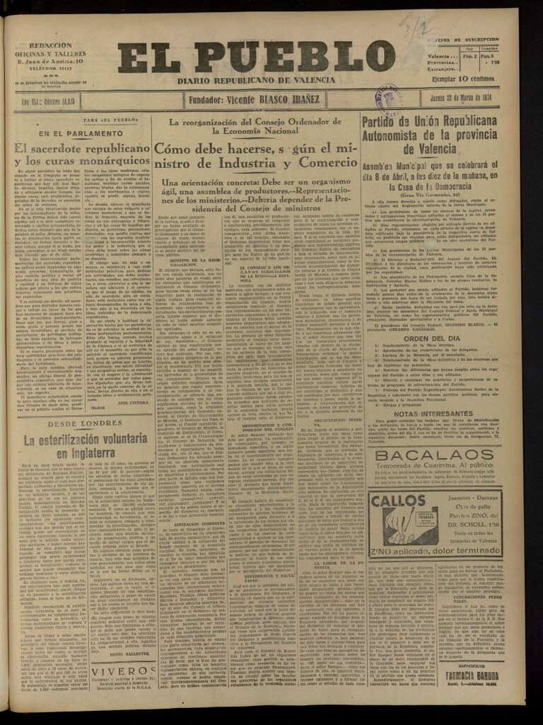Miniatura de El Pueblo : Diario republicano de Valencia del 22 de marzo de 1934, nº 14.335