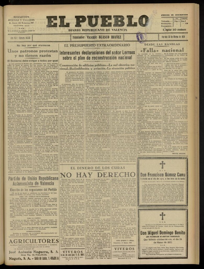 Miniatura de El Pueblo : Diario republicano de Valencia del 23 de marzo de 1934, nº 14.336