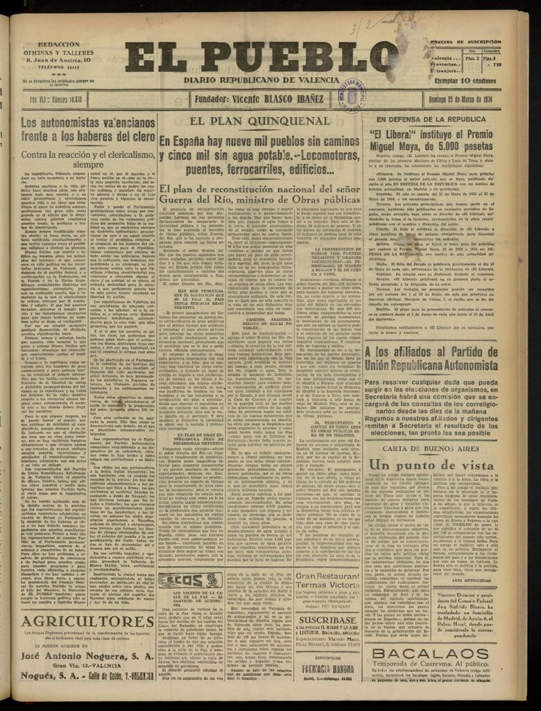 Miniatura de El Pueblo : Diario republicano de Valencia del 25 de marzo de 1934, nº 14.338