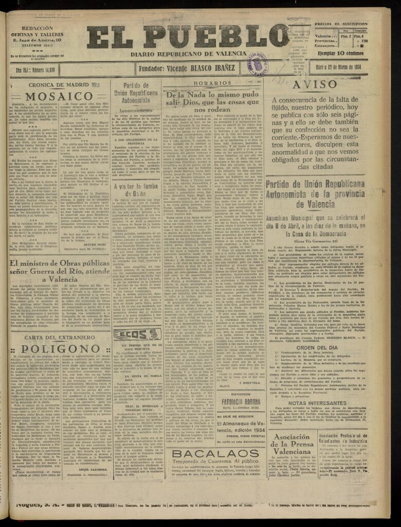 Miniatura de El Pueblo : Diario republicano de Valencia del 27 de marzo de 1934, nº 14.339