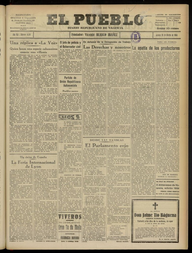 Miniatura de El Pueblo : Diario republicano de Valencia del 29 de marzo de 1934, nº 14.341